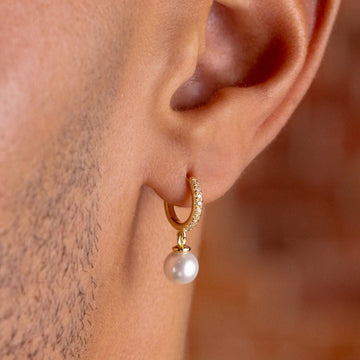 Pave Huggie Pearl Drop Earrings in Yellow Gold