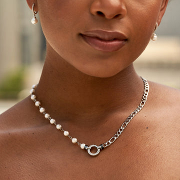 Figaro Chain + Pearl Necklace in White Gold