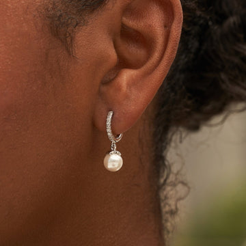 Pave Huggie Pearl Drop Earrings in White Gold