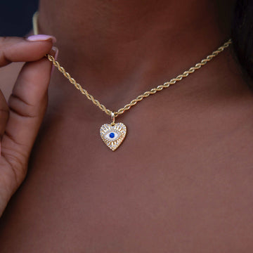 Small Coin Evil Eye Heart Pave Pendant in Gold