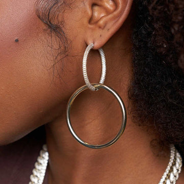 Connected Alternate Iced/Plain Hoop Earring in Yellow Gold