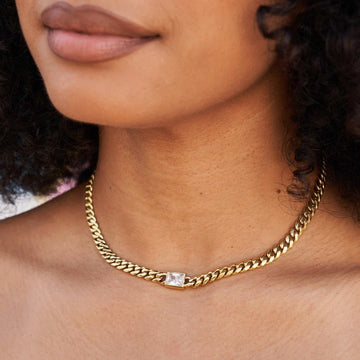 Emerald Cut Stone Miami Cuban Necklace - Gold