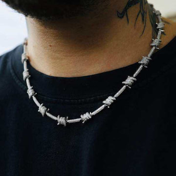 Iced Barbed Wire Chain in White Gold